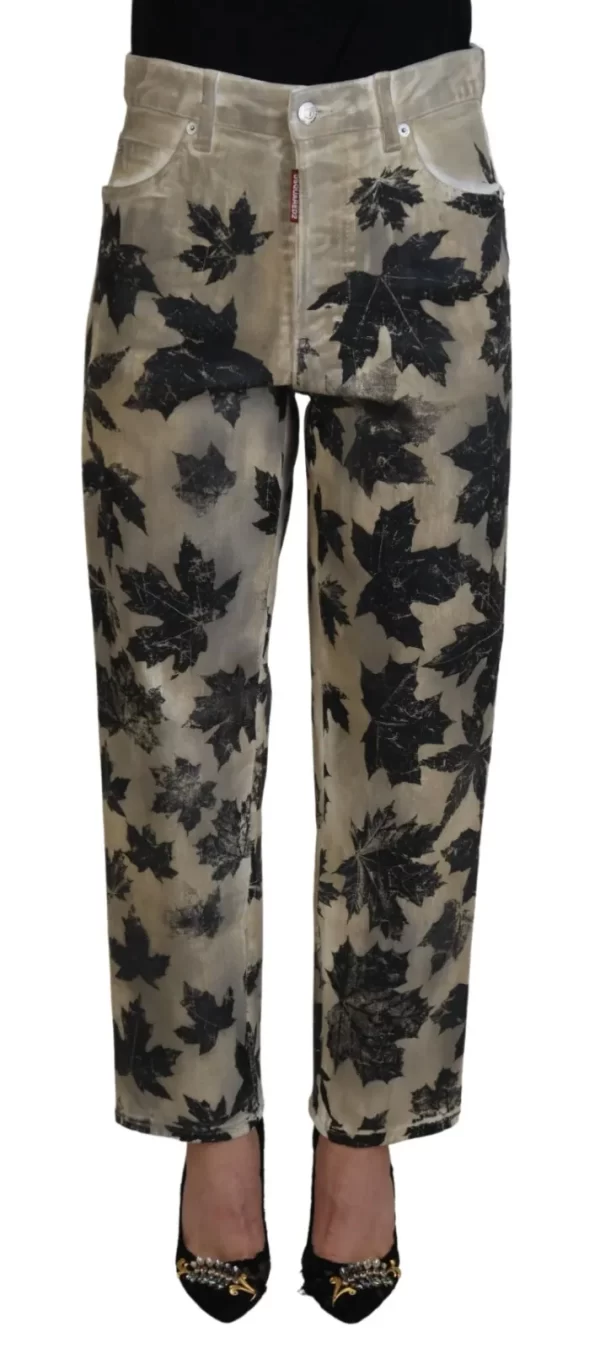 Beige Leaves Cotton High Waist Denim Jeans Boston - Image 4
