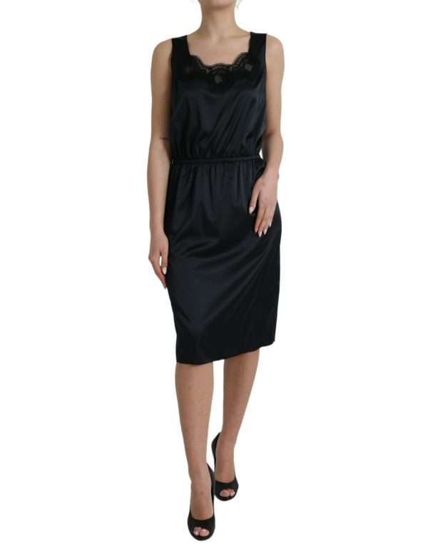 Black Polyester Lace Trim Sheath Midi Dress - Image 2