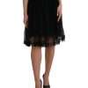 Black Nylon Lace Trim High Waist A-line Skirt - Image 2