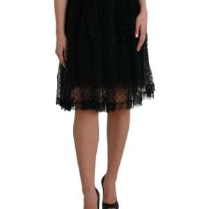 Black Nylon Lace Trim High Waist A-line Skirt
