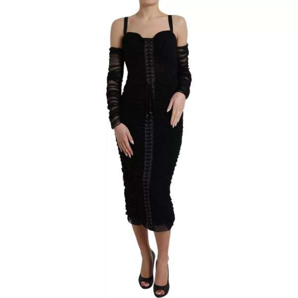 Black Cold Shoulder Stretch Tulle Midi Dress