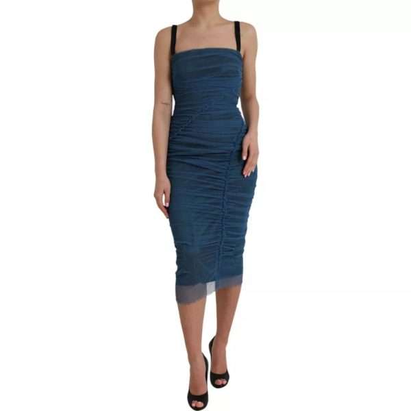 Blue Mesh Trim Ruched Tulle Sheath Dress - Image 2