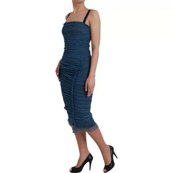 Blue Mesh Trim Ruched Tulle Sheath Dress - Image 3