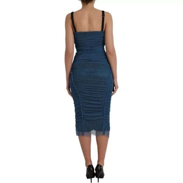 Blue Mesh Trim Ruched Tulle Sheath Dress - Image 4