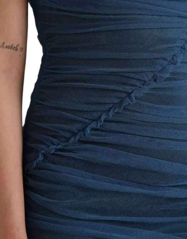 Blue Mesh Trim Ruched Tulle Sheath Dress - Image 6