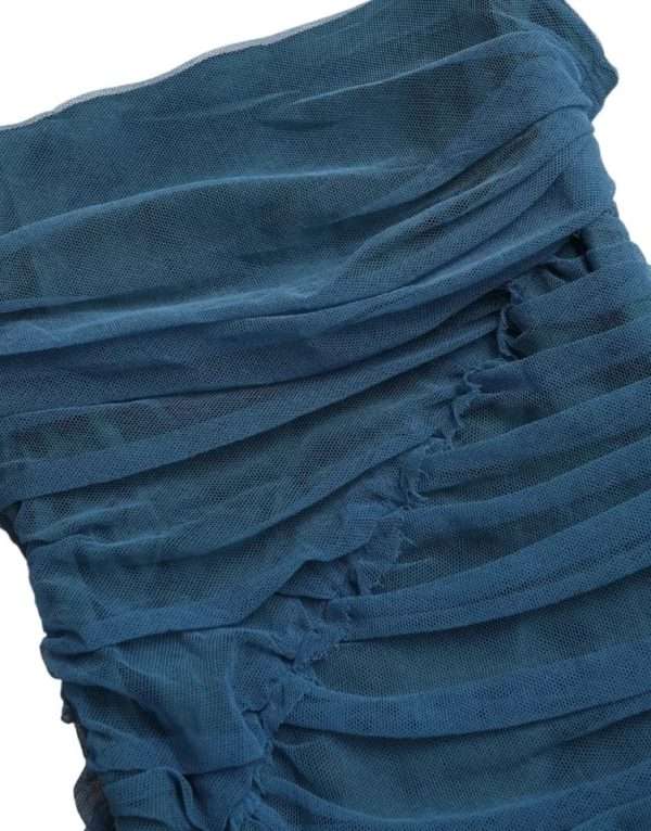 Blue Mesh Trim Ruched Tulle Sheath Dress - Image 7