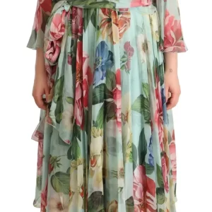 Multicolor Green Silk Wrap Gown Dress