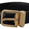 Black Exotic Leather Gold Metal Buckle Belt - Image 2