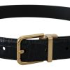 Black Exotic Leather Gold Metal Buckle Belt - Image 3
