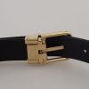 Black Exotic Leather Gold Metal Buckle Belt - Image 6