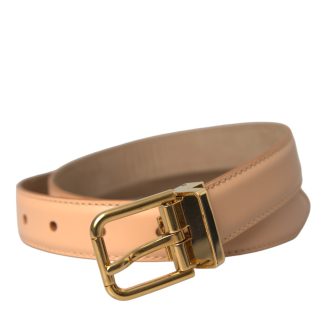 Beige Calfskin Leather Gold Metal Buckle Belt
