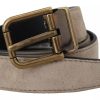 Beige Velvet Leather Gold Tone Metal Buckle Belt - Image 3