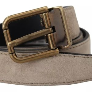 Beige Velvet Leather Gold Tone Metal Buckle Belt