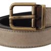 Beige Velvet Leather Gold Tone Metal Buckle Belt - Image 4