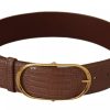 Brown Wide Waist Leather Gold Oval Metal Buckle Belt - Image 2