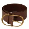Brown Wide Waist Leather Gold Oval Metal Buckle Belt - Image 3