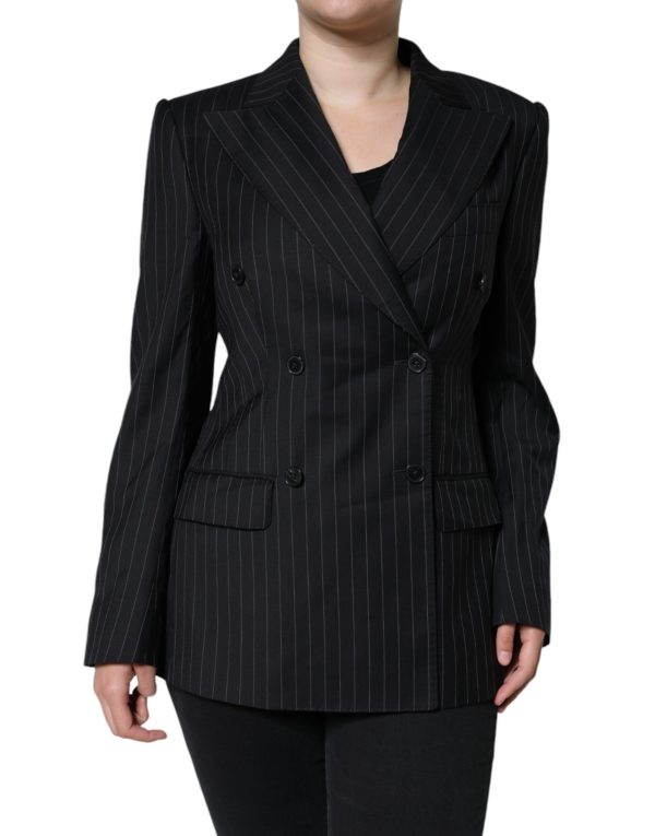 Black Striped Double Breasted Coat Jacket - Image 2