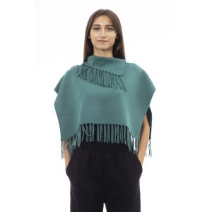 Green Wool Women Poncho with Fringes