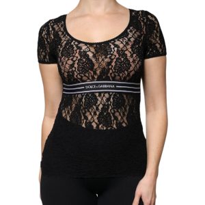 Black Logo Stripe Lace Short Sleeves Top