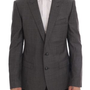Sleek Gray Checkered Wool Blazer