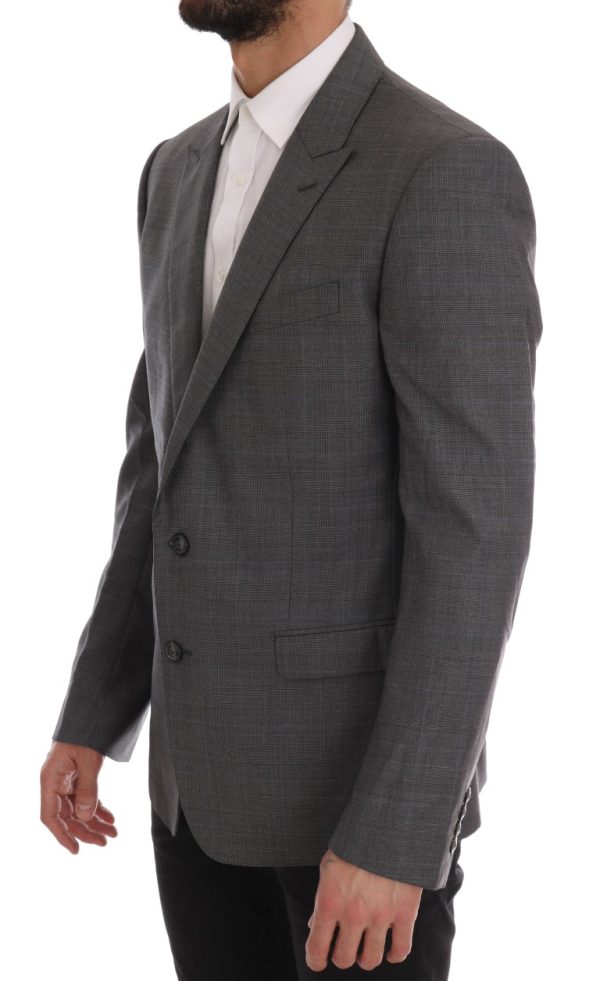Sleek Gray Checkered Wool Blazer - Image 2