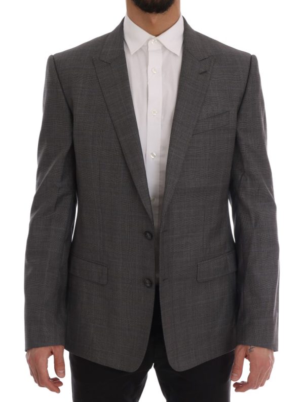 Sleek Gray Checkered Wool Blazer - Image 5
