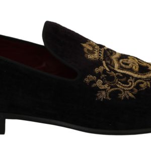 Elegant Black Loafers with Gold Crown Embroidery
