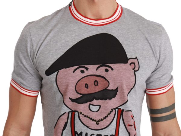 Chic Gray Cotton T-Shirt with Year of the Pig Motive - Image 3
