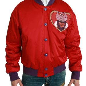 Vibrant Red Bomber Jacket with Multicolor Motif