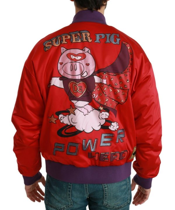 Vibrant Red Bomber Jacket with Multicolor Motif - Image 2