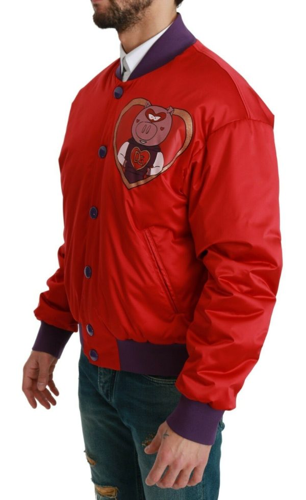 Vibrant Red Bomber Jacket with Multicolor Motif - Image 3