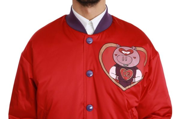 Vibrant Red Bomber Jacket with Multicolor Motif - Image 4