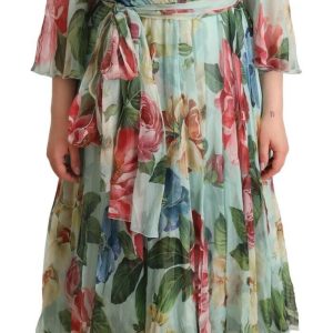 Elegant Floral Green Midi Silk Dress