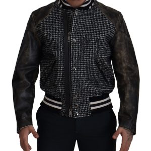 Multicolor Houndstooth Leather Bomber Jacket