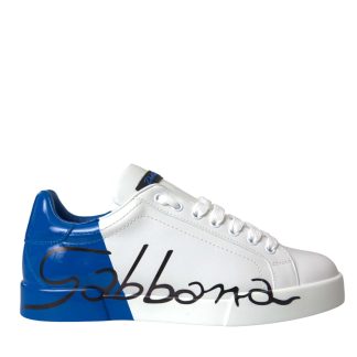 White Blue Leather Logo Low Top Sneakers Shoes