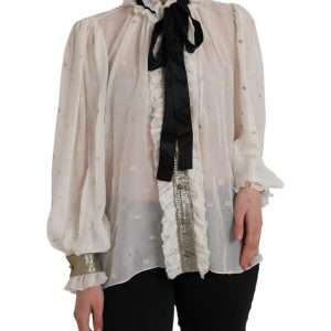 Off White Silk Blend Ascot Collar Blouse Top
