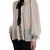 Off White Silk Blend Ascot Collar Blouse Top - Image 2