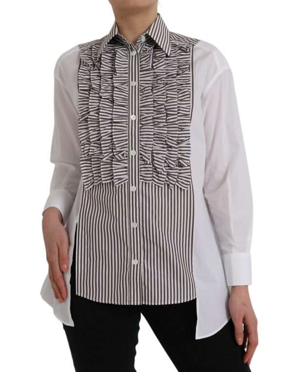 White Stripes Cotton Long Sleeves Ruffle Collar Top - Image 2