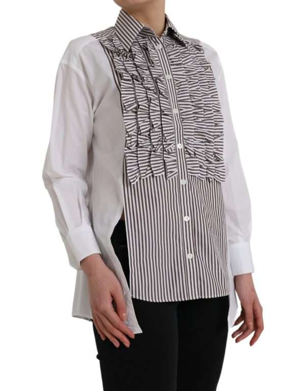 White Stripes Cotton Long Sleeves Ruffle Collar Top - Image 3