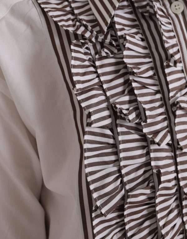 White Stripes Cotton Long Sleeves Ruffle Collar Top - Image 6