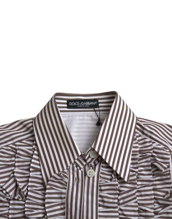 White Stripes Cotton Long Sleeves Ruffle Collar Top - Image 7
