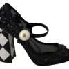 Black Floral Embellish Heels Mary Janes Pumps Shoes - Image 7