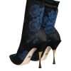 Black Floral Stretch Mid Calf Boots Shoes - Image 4