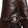 Brown Leather Gold Tone Logo High Boots Shoes - Image 5