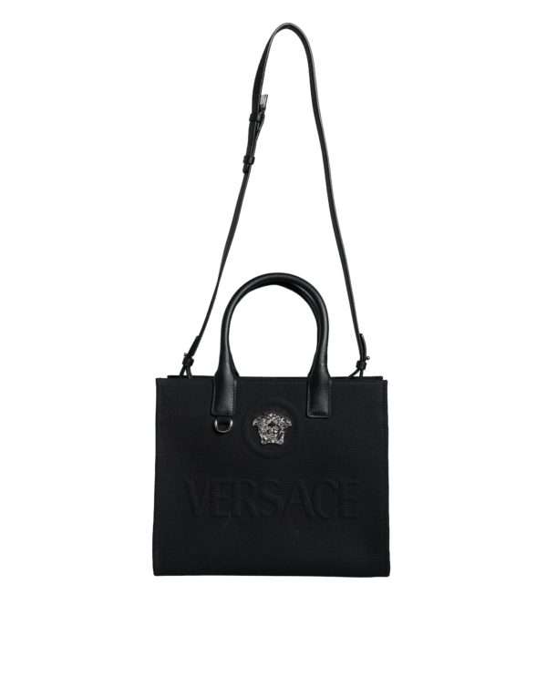 Black Top Handle Canvas Leather Logo Crossbody Tote Bag - Image 2