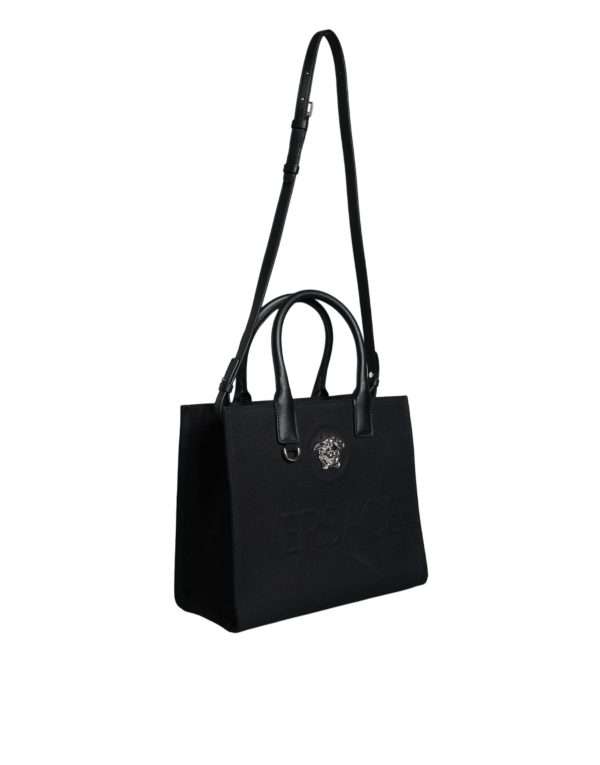 Black Top Handle Canvas Leather Logo Crossbody Tote Bag - Image 3