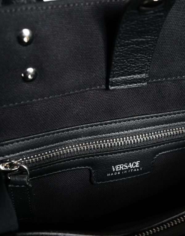 Black Top Handle Canvas Leather Logo Crossbody Tote Bag - Image 5