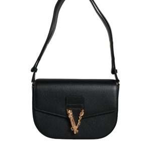 Black Grainy Calf Leather Logo Crossbody Shoulder Bag
