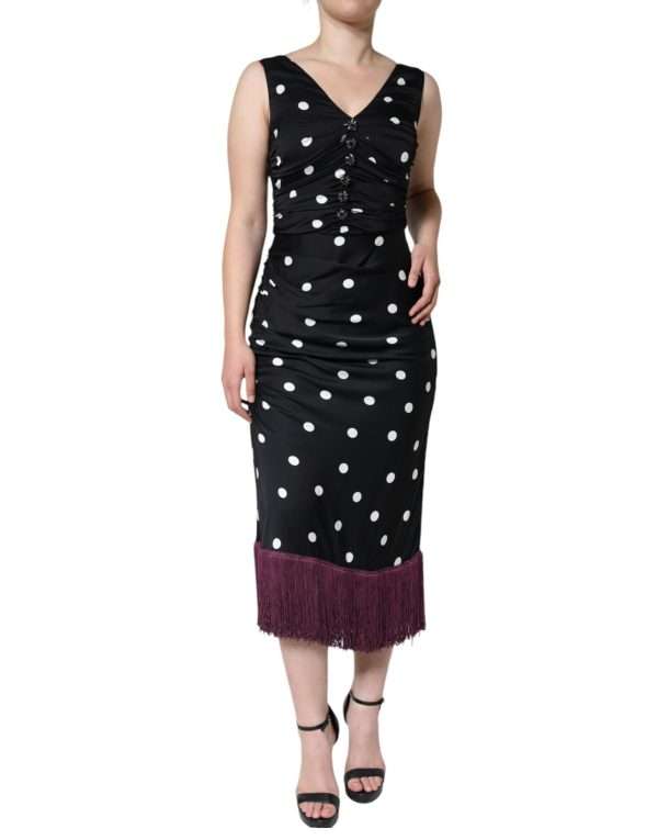Black Silk Polka Dot V-neck Tassel Midi Dress - Image 2