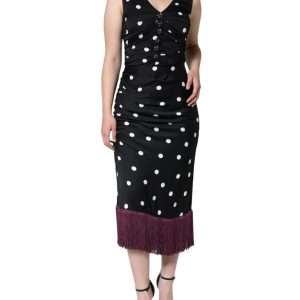 Black Silk Polka Dot V-neck Tassel Midi Dress